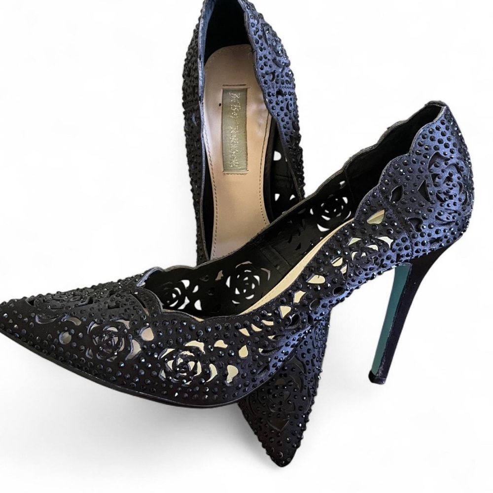 Betsey Johnson Black Rhinestone Rose Cut-Out Pointed Toe Stilettos